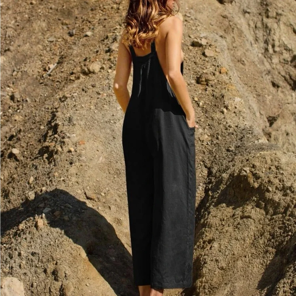 Linen Blend Casual Black Overalls Pockets Jumpsuit Wide Leg - Picture 2 of 7